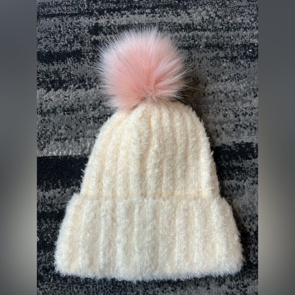 C.C Cream Beanie With Pink Fur Pom Pom - Picture 5 of 6